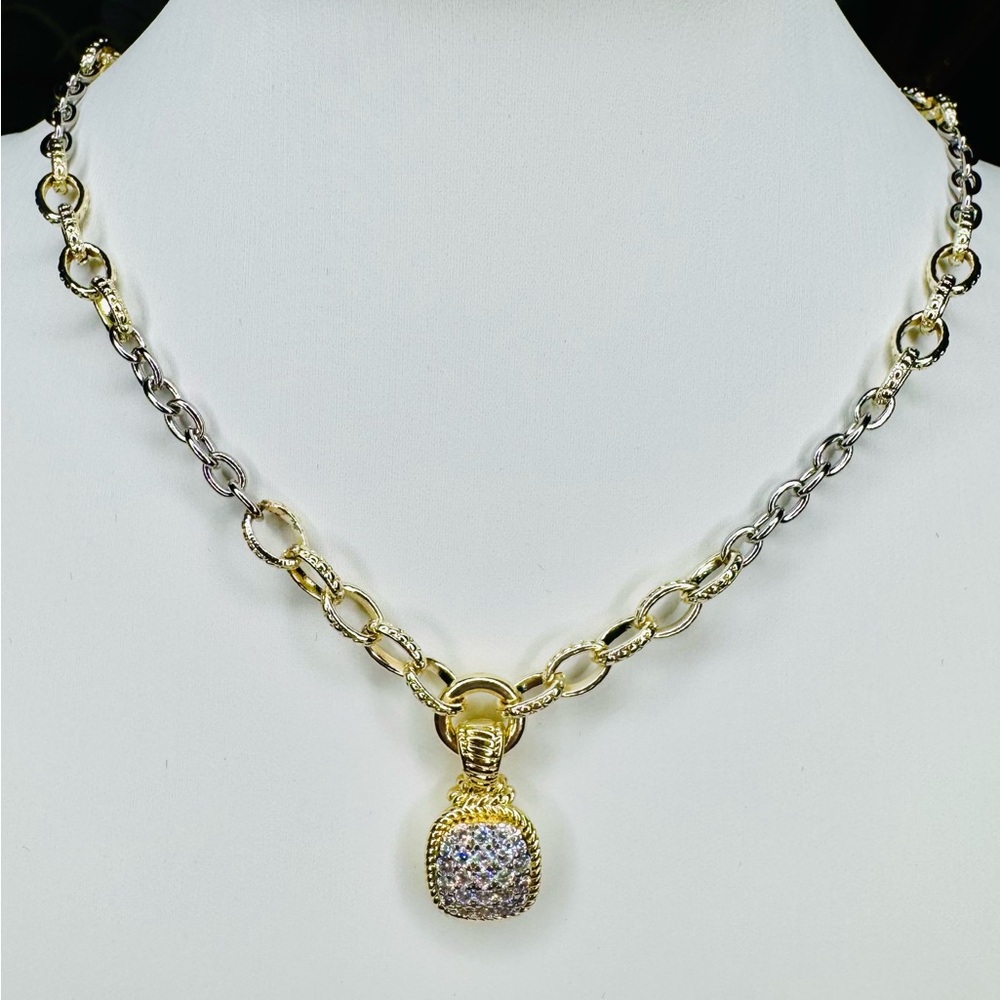 TWO TONE SIMULATED STONE PAVE PENDANT NECKLACE